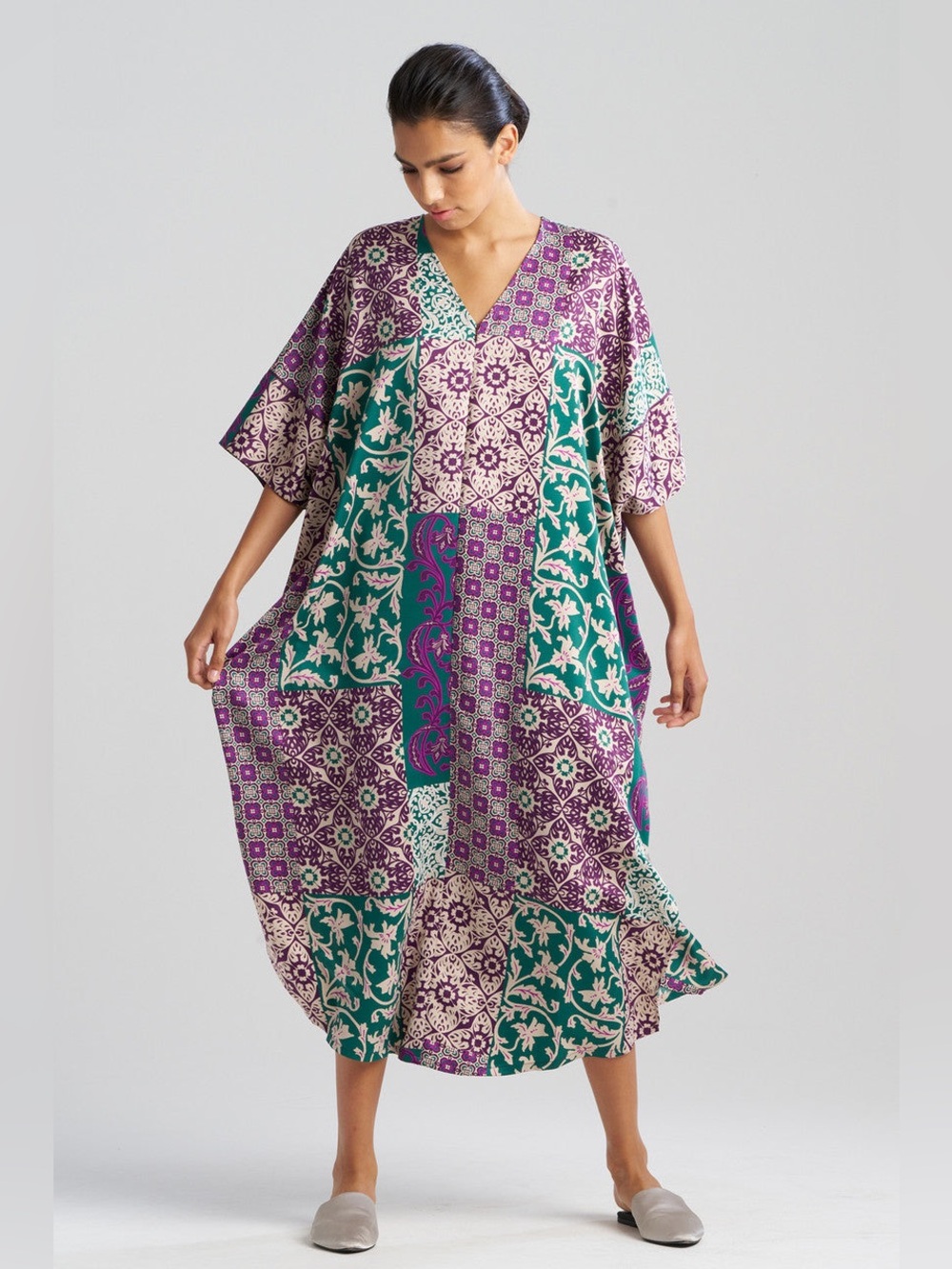 Natori Womens  Tapestry Zip Caftan Purple Green Large Satin pockets v-neck